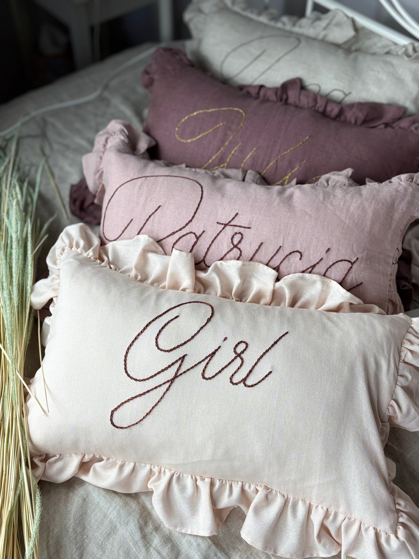 Linen pillow with embroidered name